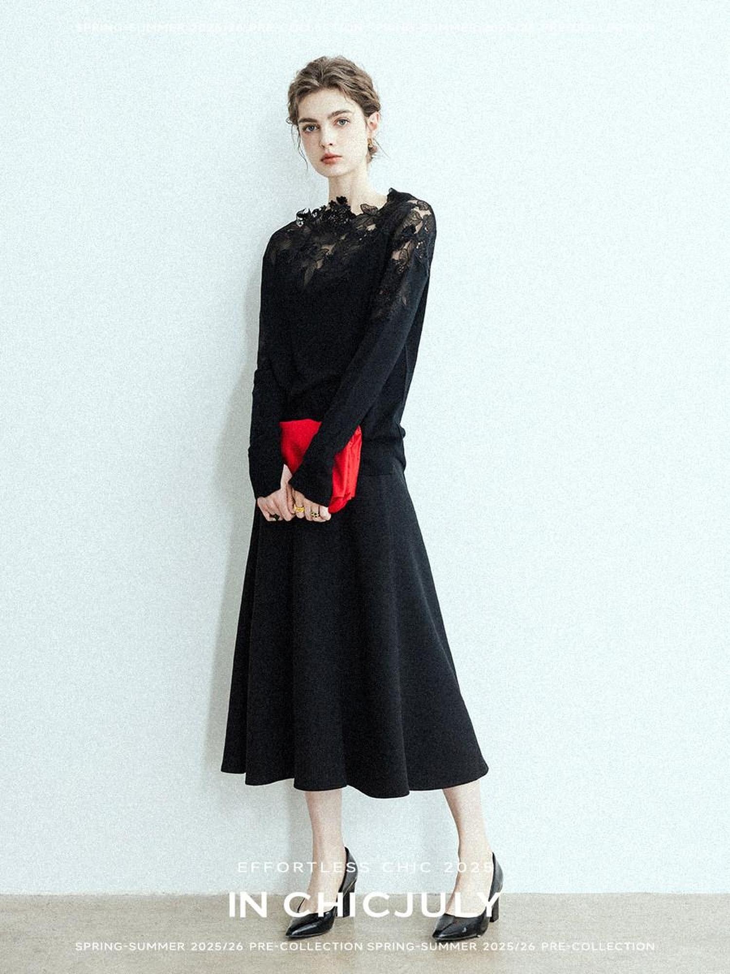 chicjuly Black Structured Tailoring High Waist A Line Women's Midi Skirts