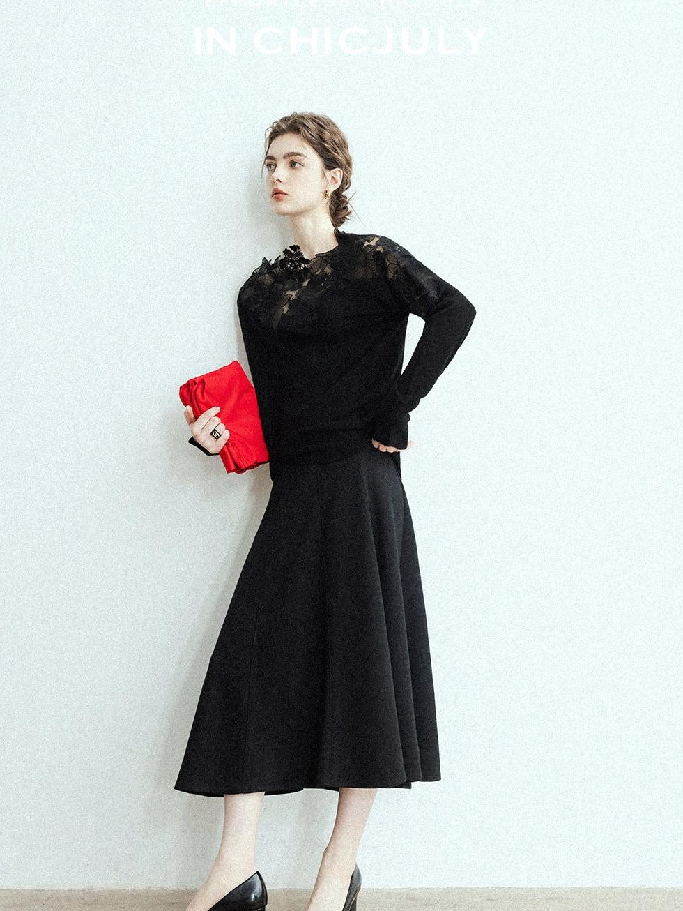 chicjuly Black Structured Tailoring High Waist A Line Women's Midi Skirts