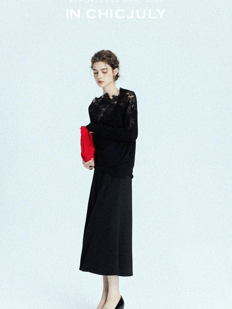 chicjuly Black Structured Tailoring High Waist A Line Women's Midi Skirts