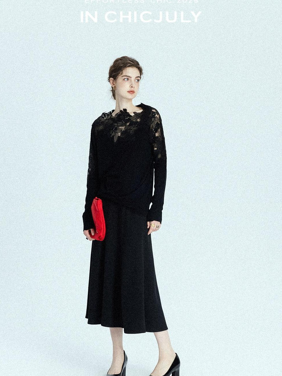 chicjuly Black Structured Tailoring High Waist A Line Women's Midi Skirts