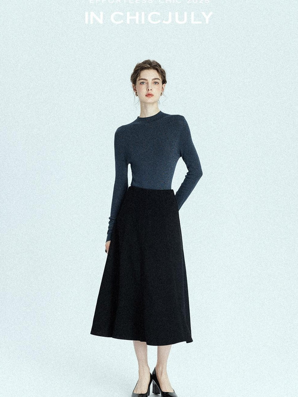 chicjuly Black Structured Tailoring High Waist A Line Women's Midi Skirts