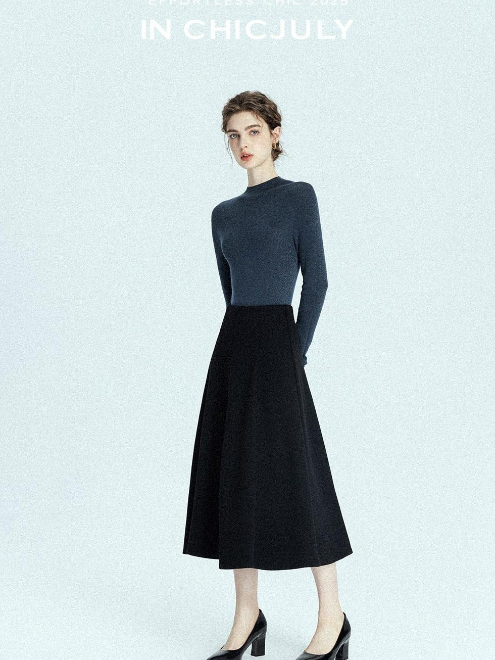 chicjuly Black Structured Tailoring High Waist A Line Women's Midi Skirts