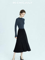 chicjuly Black Structured Tailoring High Waist A Line Women's Midi Skirts