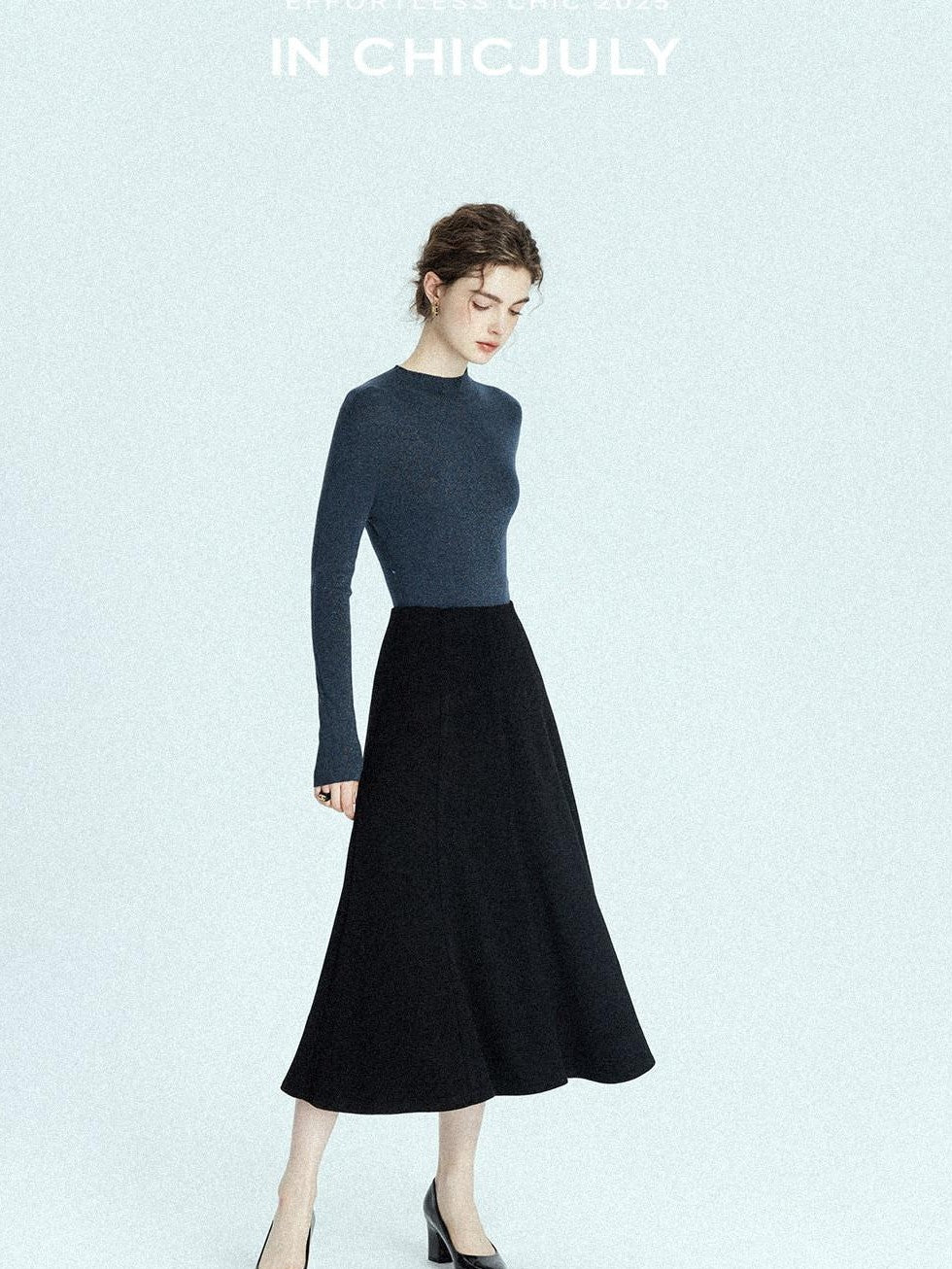 chicjuly Black Structured Tailoring High Waist A Line Women's Midi Skirts