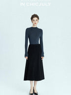 chicjuly Black Structured Tailoring High Waist A Line Women's Midi Skirts