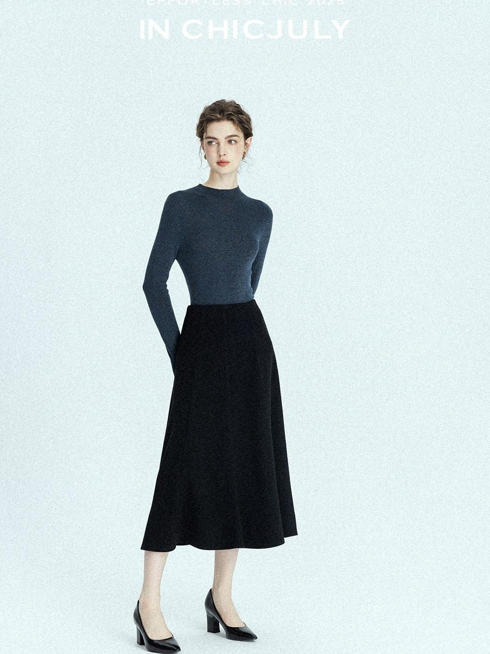 chicjuly Black Structured Tailoring High Waist A Line Women's Midi Skirts