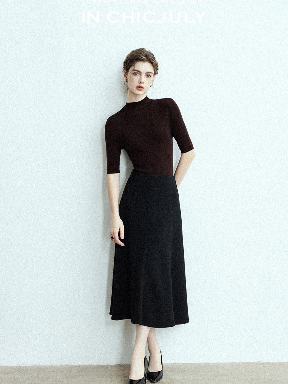 chicjuly Black Structured Tailoring High Waist A Line Women's Midi Skirts