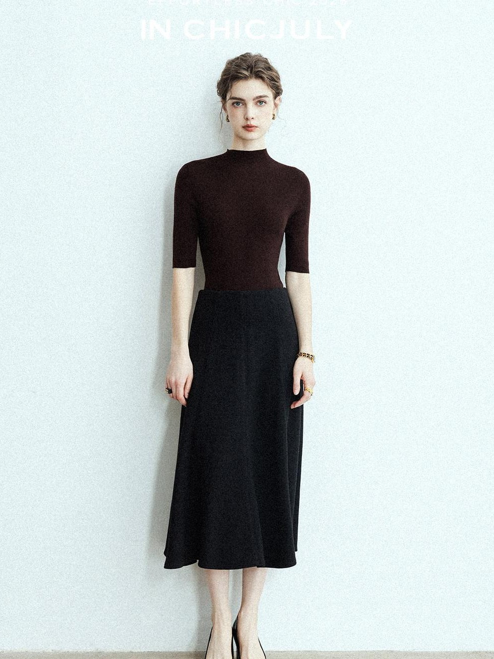 chicjuly Black Structured Tailoring High Waist A Line Women's Midi Skirts