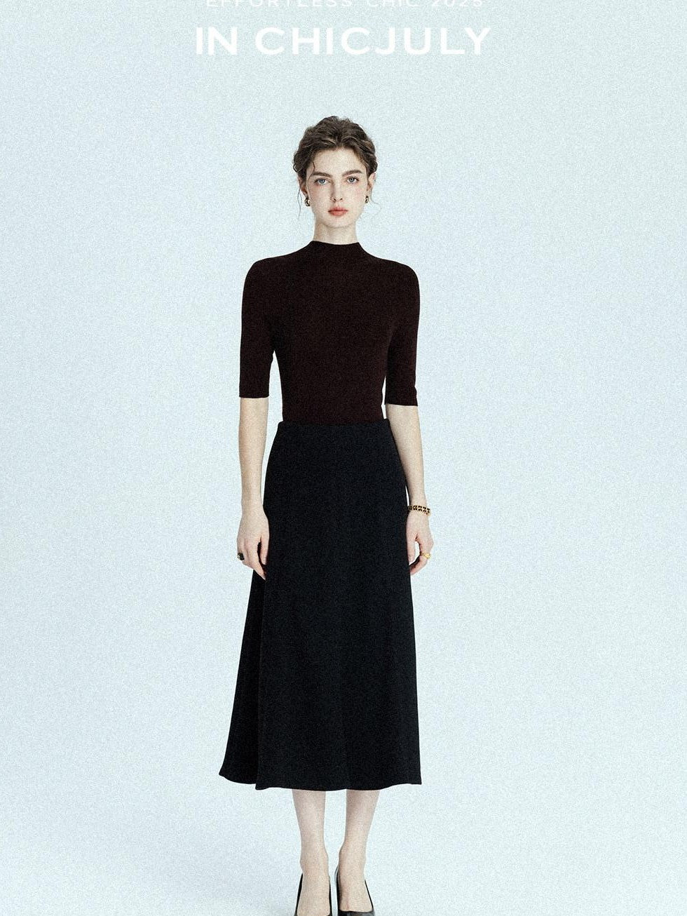 chicjuly Black Structured Tailoring High Waist A Line Women's Midi Skirts
