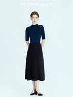 chicjuly Black Structured Tailoring High Waist A Line Women's Midi Skirts