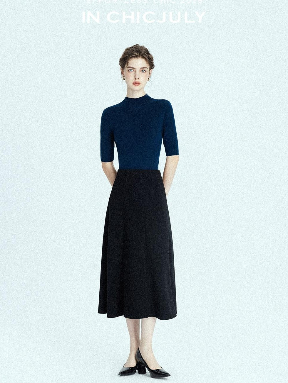 chicjuly Black Structured Tailoring High Waist A Line Women's Midi Skirts