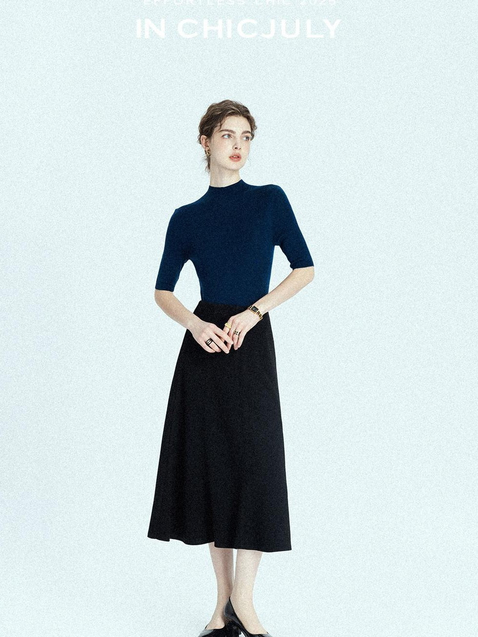 chicjuly Black Structured Tailoring High Waist A Line Women's Midi Skirts
