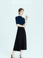 chicjuly Black Structured Tailoring High Waist A Line Women's Midi Skirts