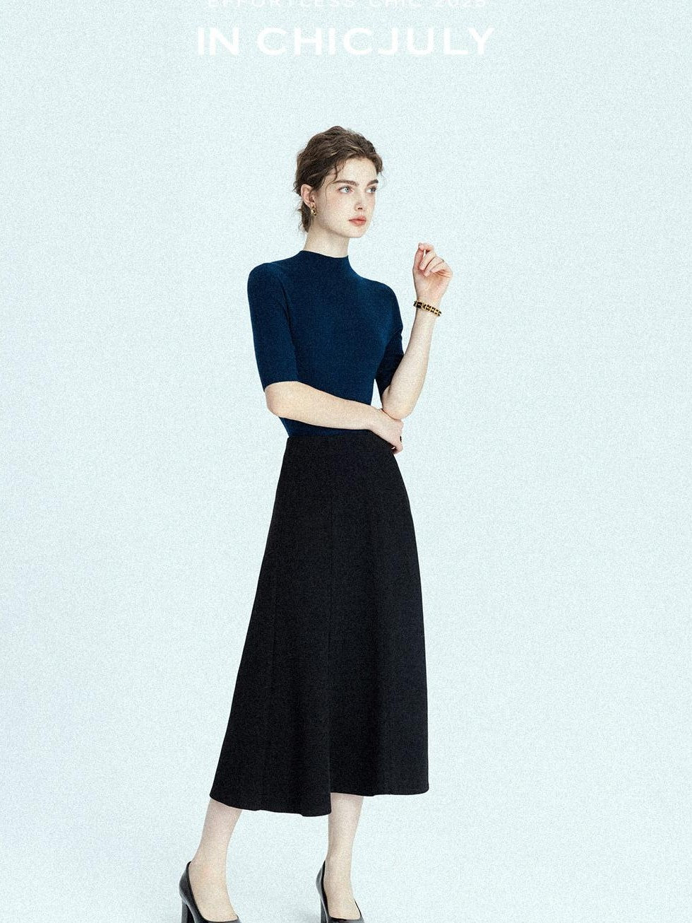 chicjuly Black Structured Tailoring High Waist A Line Women's Midi Skirts