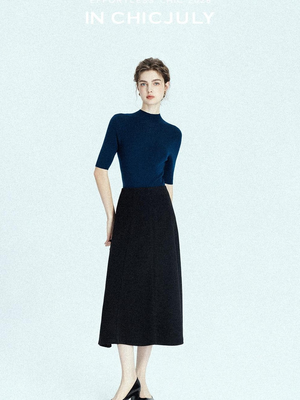 chicjuly Black Structured Tailoring High Waist A Line Women's Midi Skirts