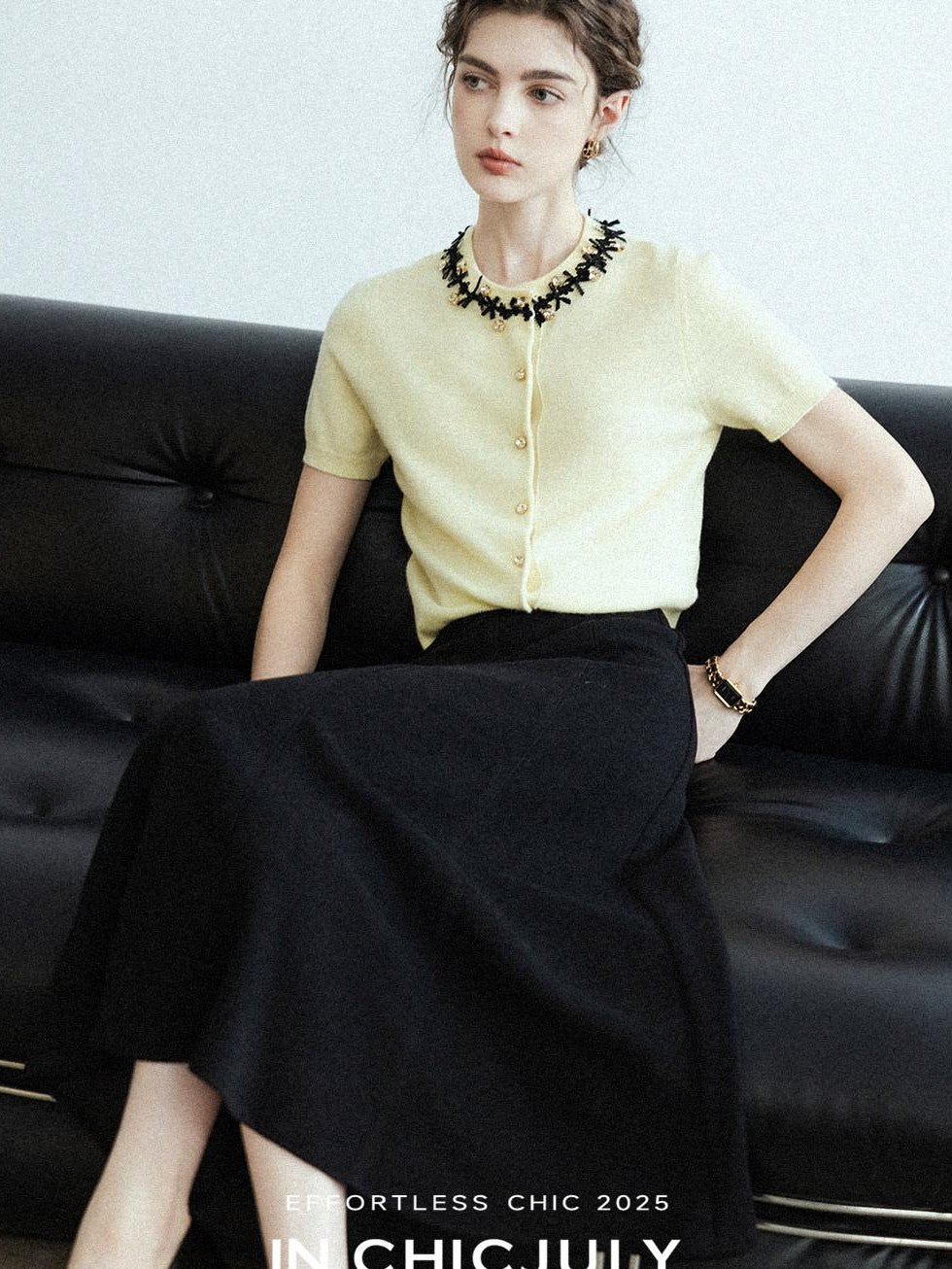 chicjuly Black Structured Tailoring High Waist A Line Women's Midi Skirts