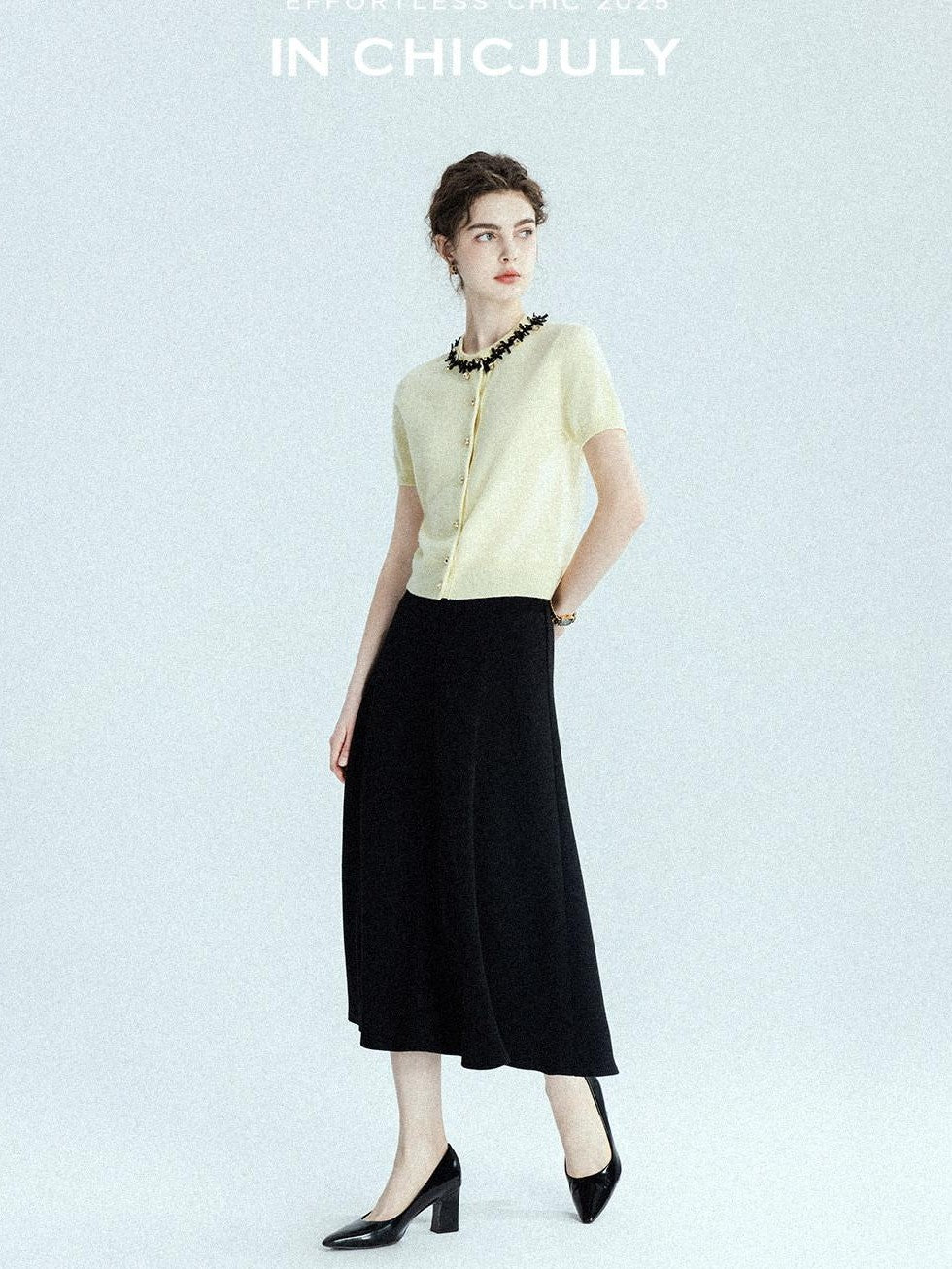 chicjuly Black Structured Tailoring High Waist A Line Women's Midi Skirts