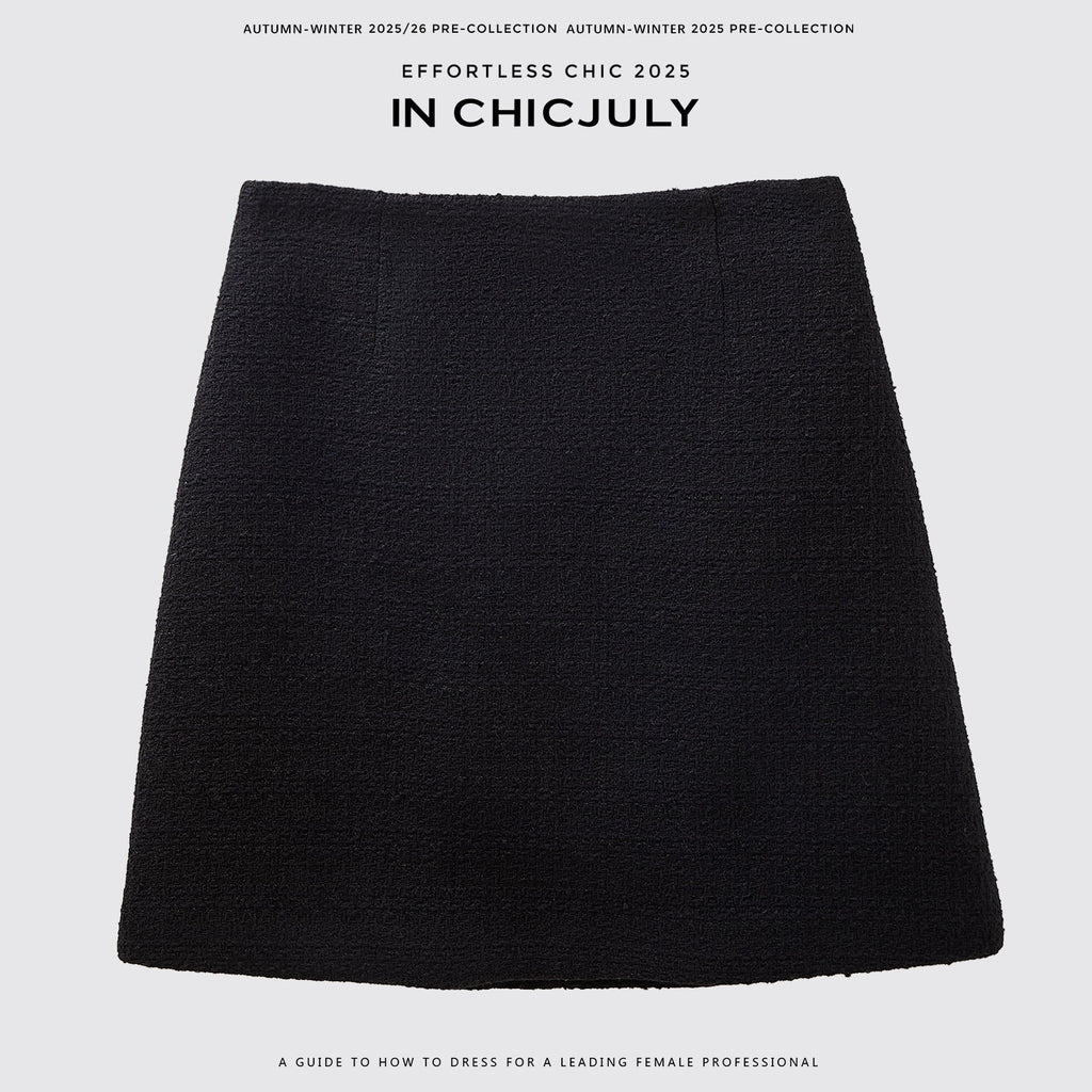 chicjuly Black Textured Boucle Woven High Waist A Line Women's Wool Mini Skirts 970131212358