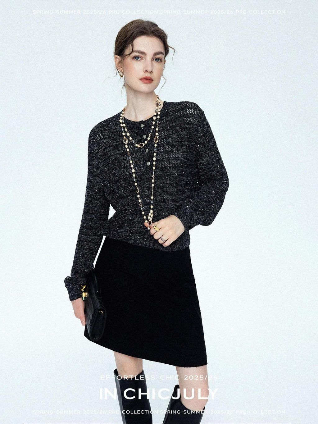 chicjuly Black Textured Boucle Woven High Waist A Line Women's Wool Mini Skirts