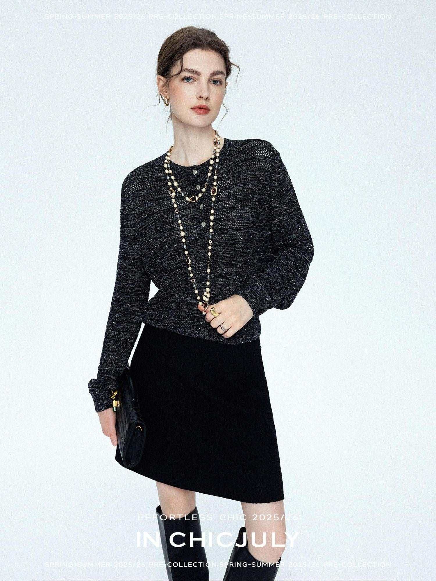 chicjuly Black Textured Boucle Woven High Waist A Line Women's Wool Mini Skirts