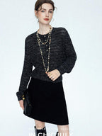 chicjuly Black Textured Boucle Woven High Waist A Line Women's Wool Mini Skirts