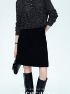 chicjuly Black Textured Boucle Woven High Waist A Line Women's Wool Mini Skirts