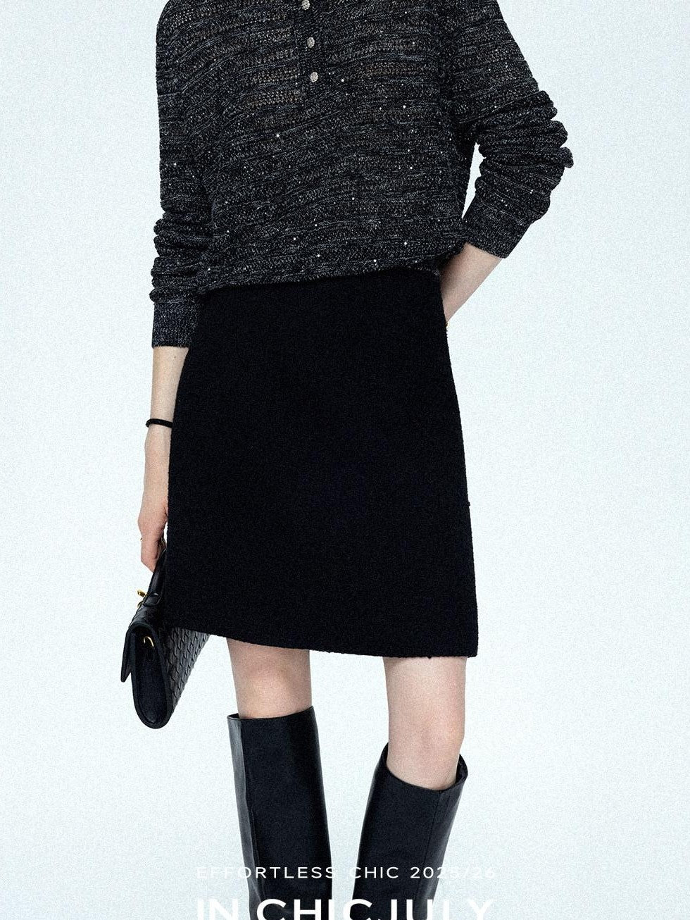 chicjuly Black Textured Boucle Woven High Waist A Line Women's Wool Mini Skirts