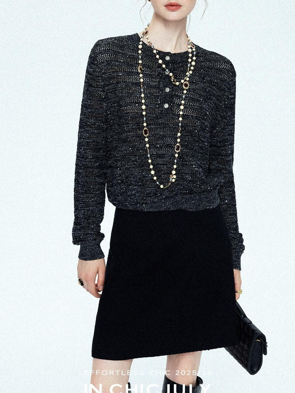 chicjuly Black Textured Boucle Woven High Waist A Line Women's Wool Mini Skirts