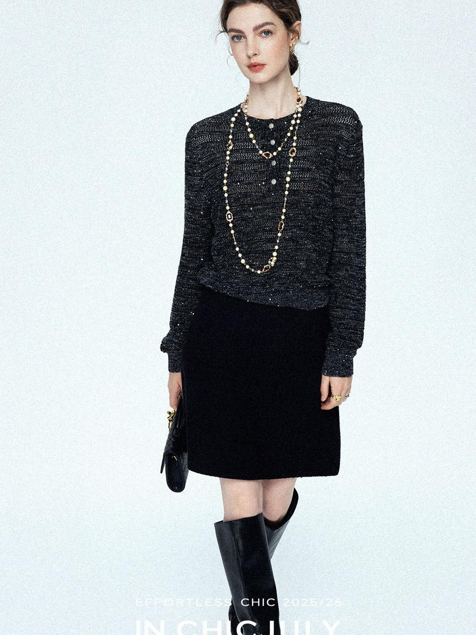 chicjuly Black Textured Boucle Woven High Waist A Line Women's Wool Mini Skirts