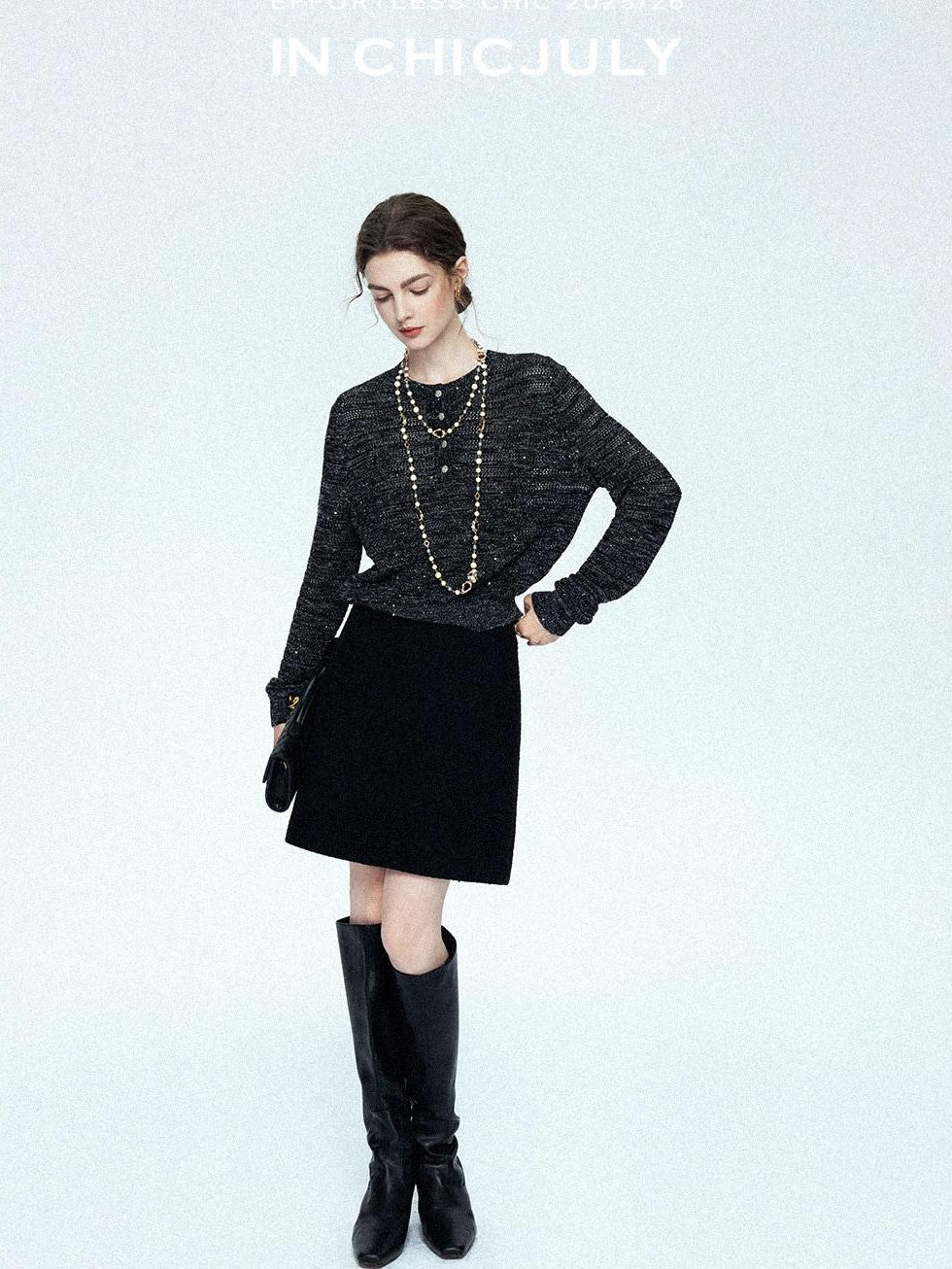 chicjuly Black Textured Boucle Woven High Waist A Line Women's Wool Mini Skirts