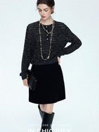 chicjuly Black Textured Boucle Woven High Waist A Line Women's Wool Mini Skirts