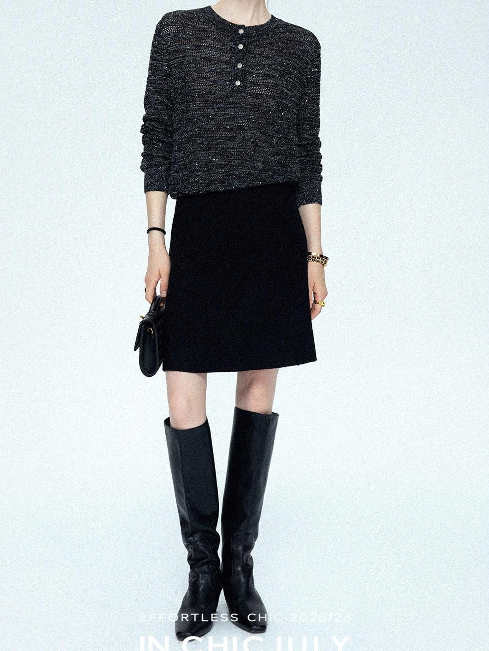 chicjuly Black Textured Boucle Woven High Waist A Line Women's Wool Mini Skirts