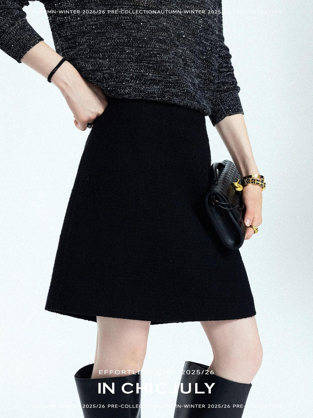 chicjuly Black Textured Boucle Woven High Waist A Line Women's Wool Mini Skirts