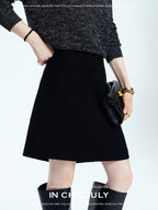chicjuly Black Textured Boucle Woven High Waist A Line Women's Wool Mini Skirts