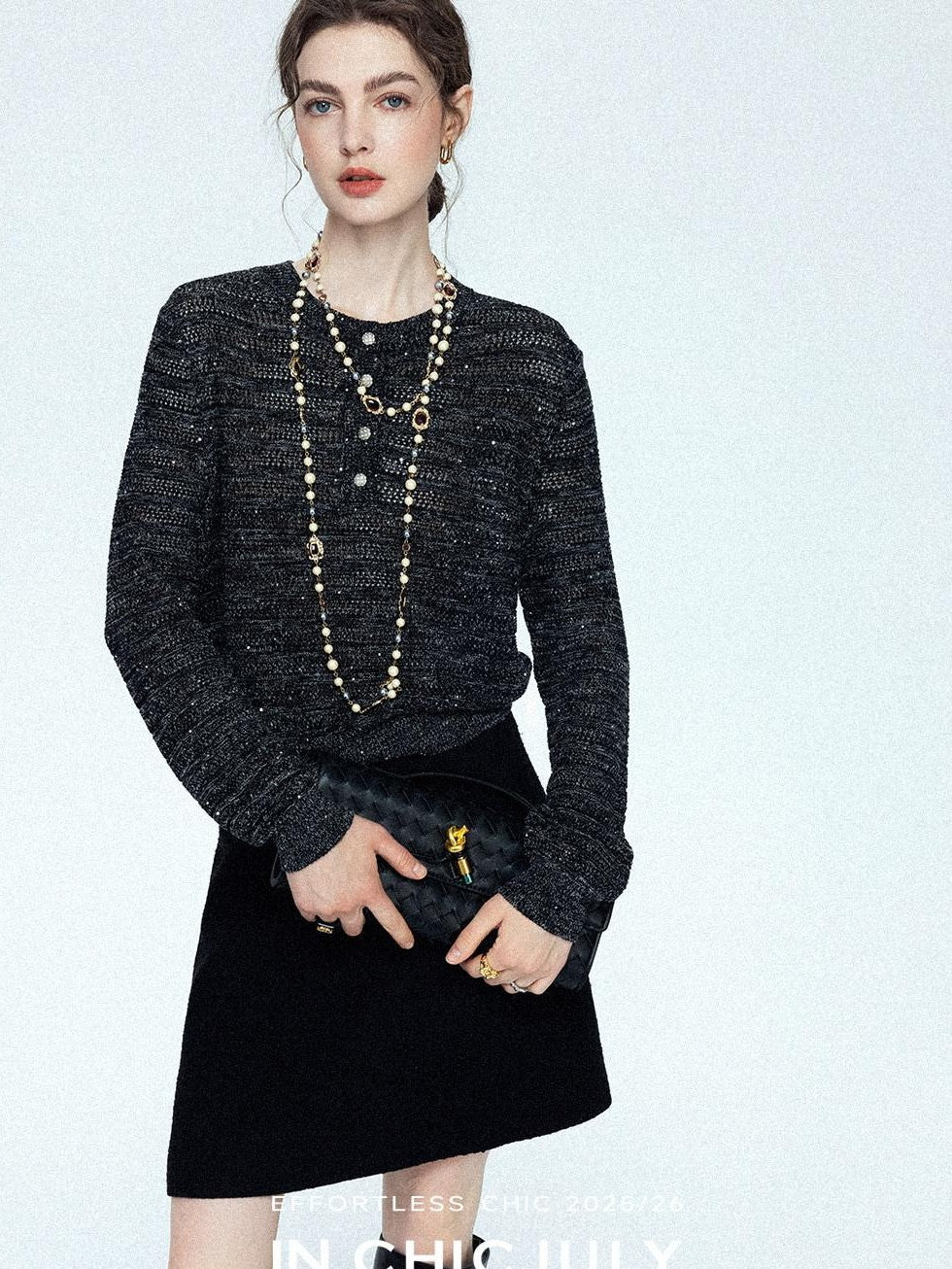 chicjuly Black Textured Boucle Woven High Waist A Line Women's Wool Mini Skirts