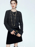 chicjuly Black Textured Boucle Woven High Waist A Line Women's Wool Mini Skirts