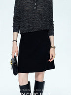 chicjuly Black Textured Boucle Woven High Waist A Line Women's Wool Mini Skirts