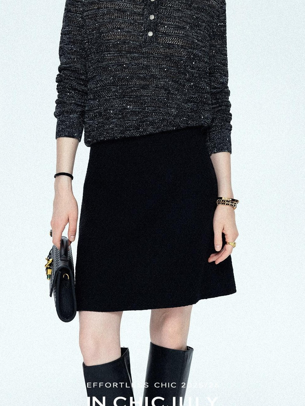 chicjuly Black Textured Boucle Woven High Waist A Line Women's Wool Mini Skirts