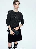 chicjuly Black Textured Boucle Woven High Waist A Line Women's Wool Mini Skirts