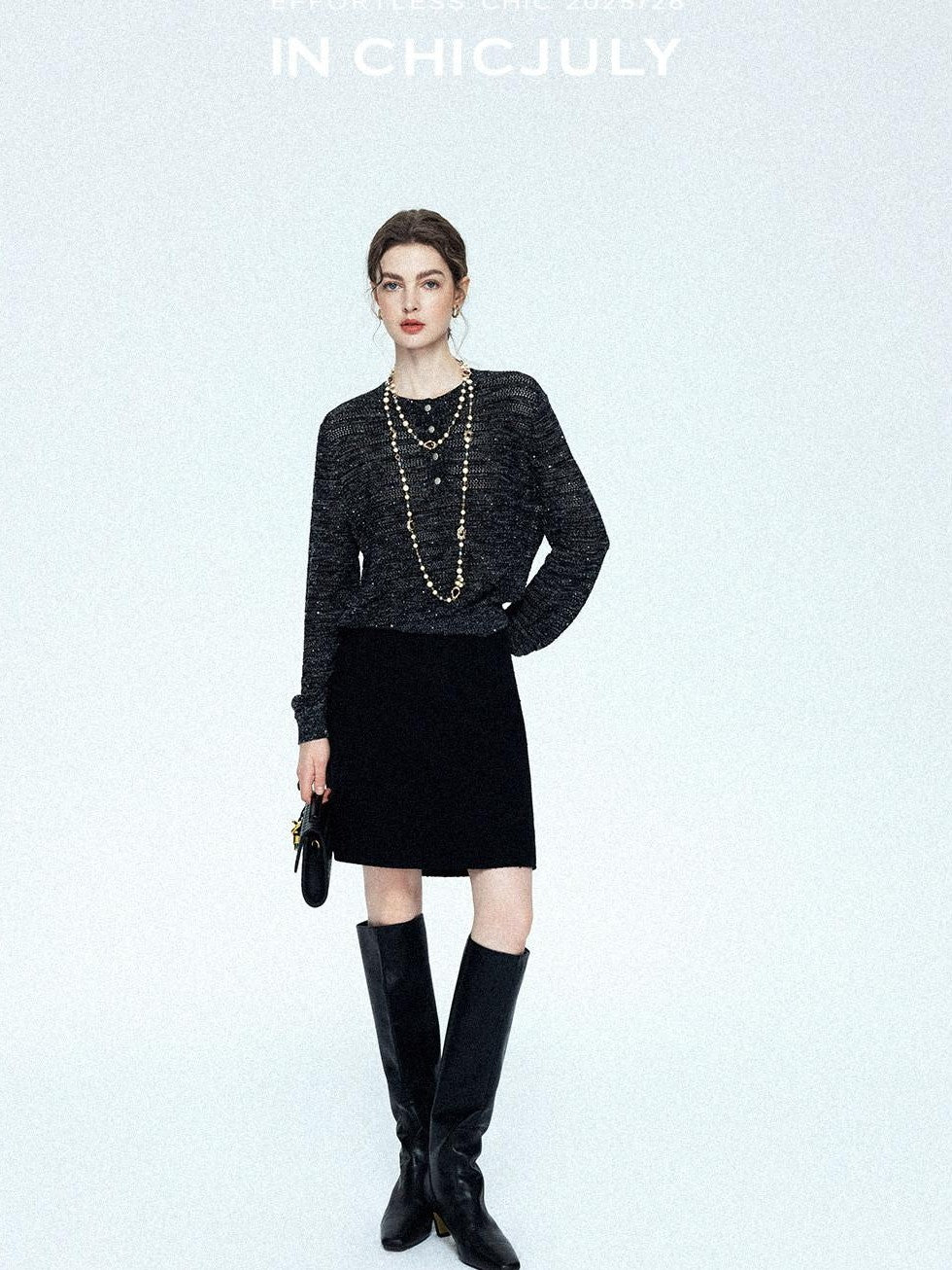 chicjuly Black Textured Boucle Woven High Waist A Line Women's Wool Mini Skirts