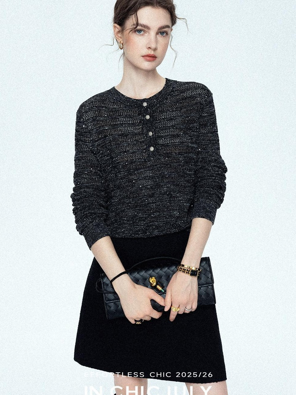chicjuly Black Textured Boucle Woven High Waist A Line Women's Wool Mini Skirts