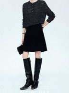 chicjuly Black Textured Boucle Woven High Waist A Line Women's Wool Mini Skirts