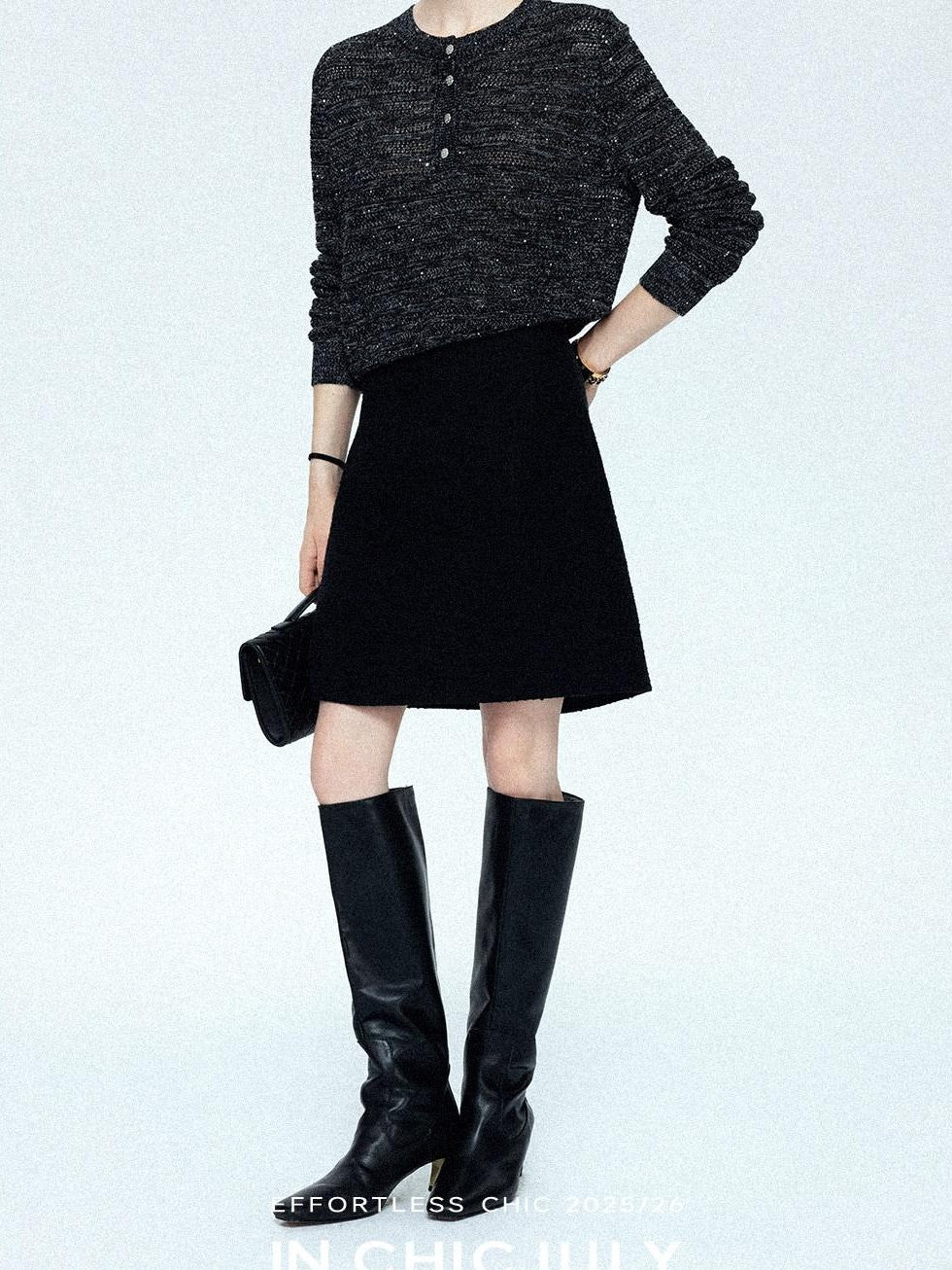 chicjuly Black Textured Boucle Woven High Waist A Line Women's Wool Mini Skirts