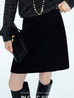 chicjuly Black Textured Boucle Woven High Waist A Line Women's Wool Mini Skirts