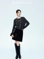 chicjuly Black Textured Boucle Woven High Waist A Line Women's Wool Mini Skirts
