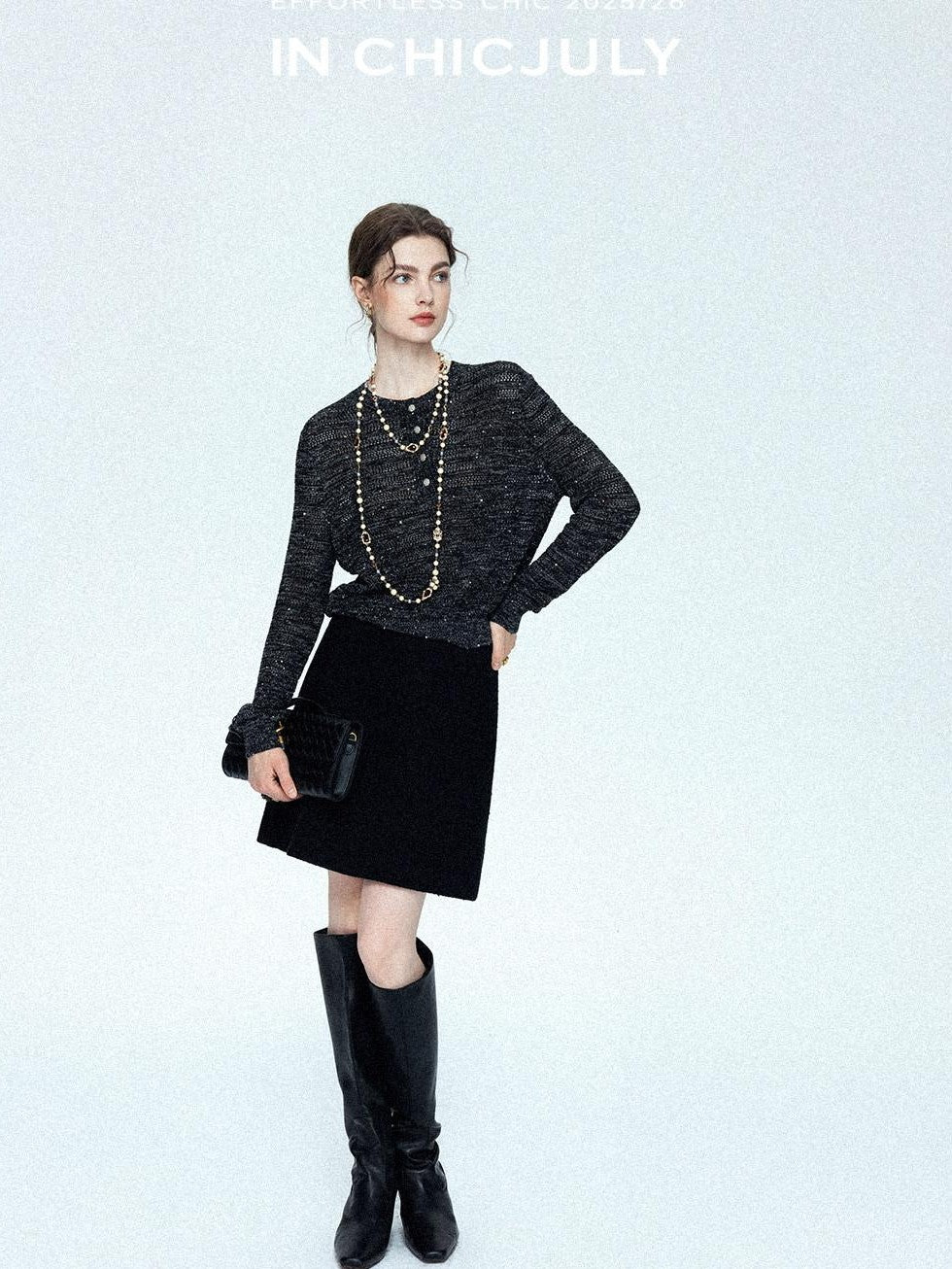 chicjuly Black Textured Boucle Woven High Waist A Line Women's Wool Mini Skirts