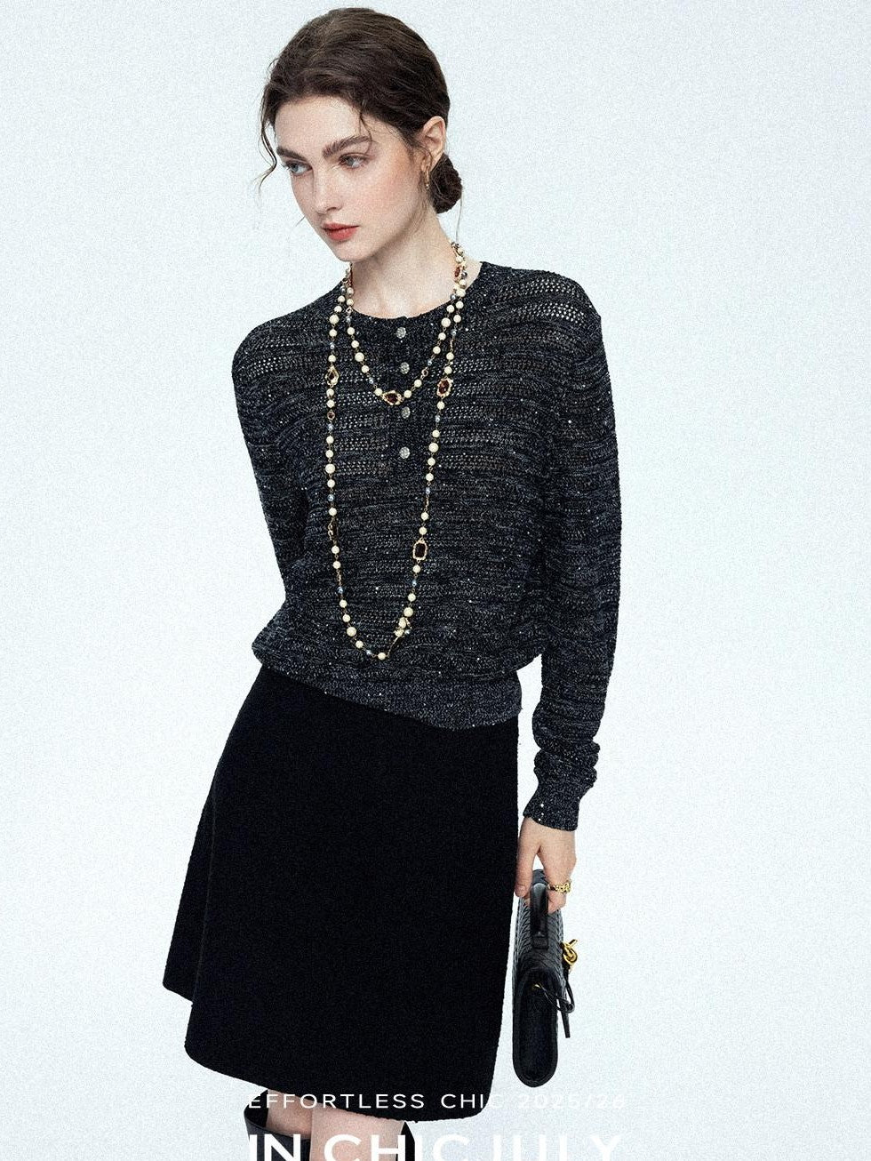 chicjuly Black Textured Boucle Woven High Waist A Line Women's Wool Mini Skirts