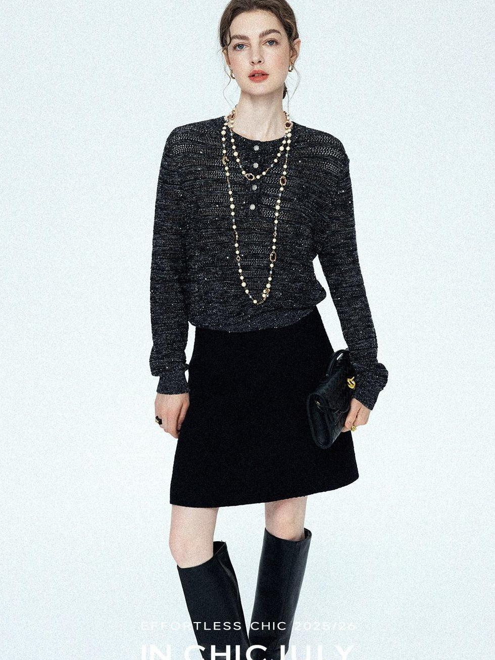 chicjuly Black Textured Boucle Woven High Waist A Line Women's Wool Mini Skirts