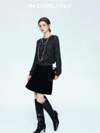 chicjuly Black Textured Boucle Woven High Waist A Line Women's Wool Mini Skirts