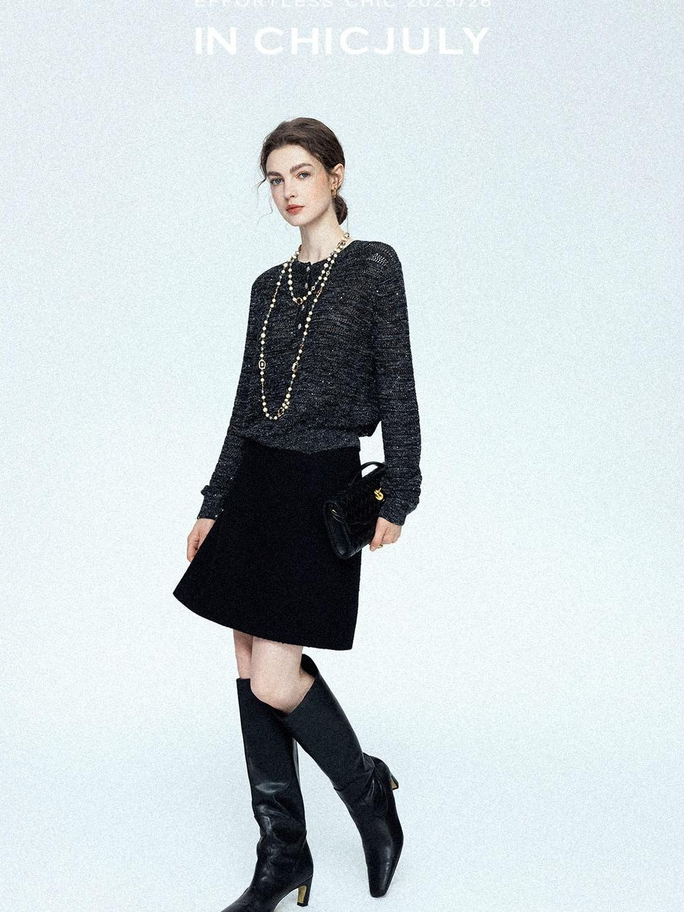 chicjuly Black Textured Boucle Woven High Waist A Line Women's Wool Mini Skirts